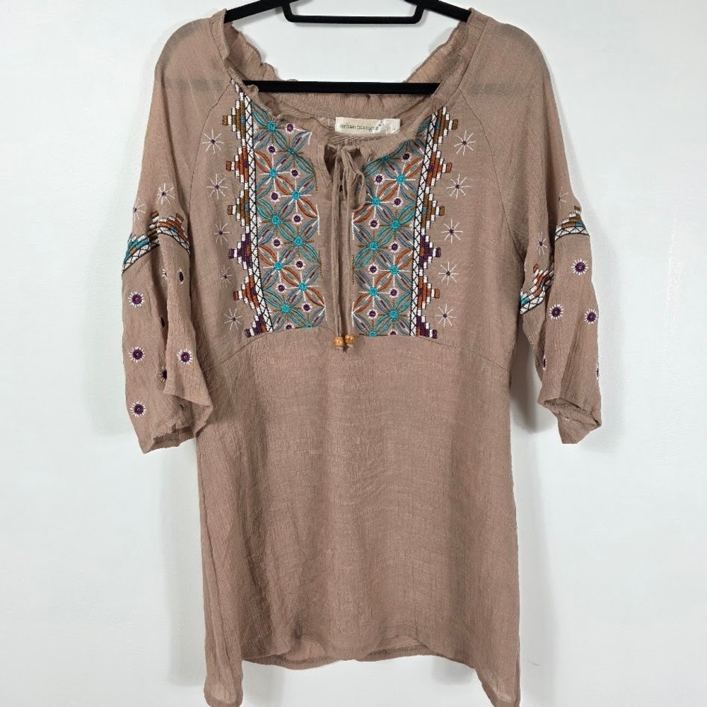 Urban‎ Mangoz Embroidered Tunic / Dress /Top Boho Festival Gauze Tan Size L